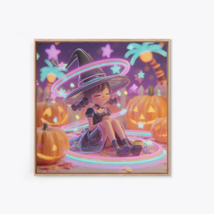 The Witch Hat Ring Toss, Retro Neon Halloween Art, Square Wall Art, Canvas Print, Retro Halloween Decor, Neon Wall Art