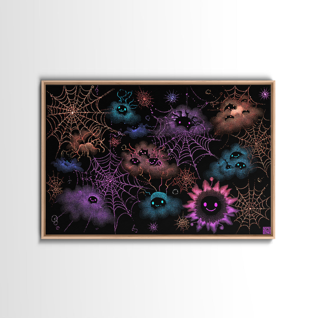 The Great Cobweb Knitting Contest, Vaporwave Halloween Decor, Landscape Wall Art, Canvas Print, Retro Halloween Decor, Neon Wall Art