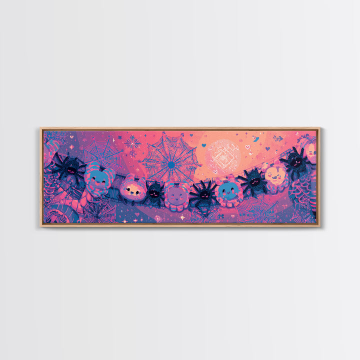 The Great Cobweb Knitting Contest, 80s Halloween Wall Art, Extra Wide Wall Art, Canvas Print, Retro Halloween Decor, Neon Wall Art