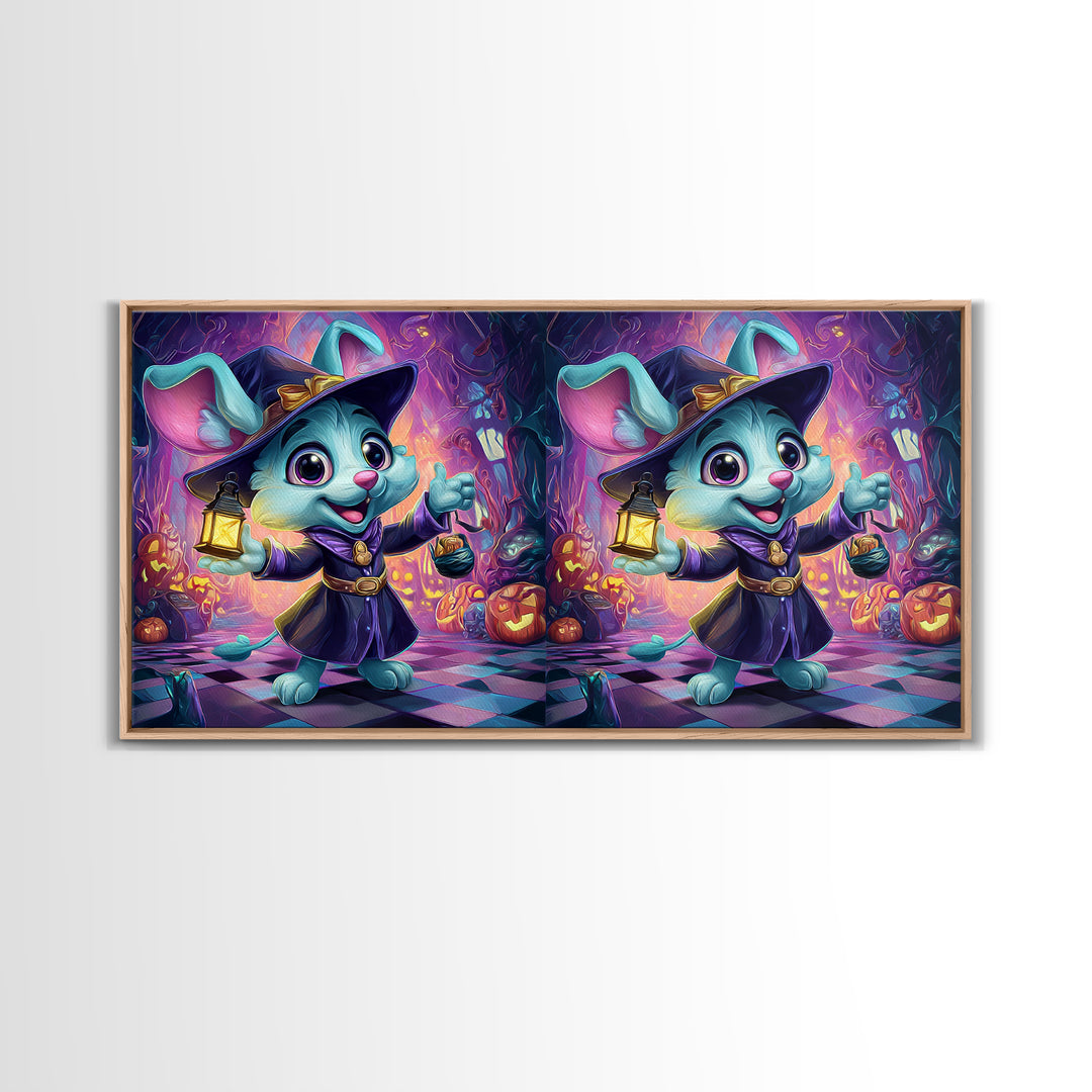 The Halloween Pet Parade, Synthwave Halloween Art, Wide Panoramic Art, Framed Canvas Print, Retro Halloween Decor, Neon Wall Art