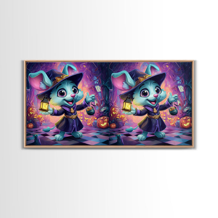 The Halloween Pet Parade, Synthwave Halloween Art, Wide Panoramic Art, Framed Canvas Print, Retro Halloween Decor, Neon Wall Art