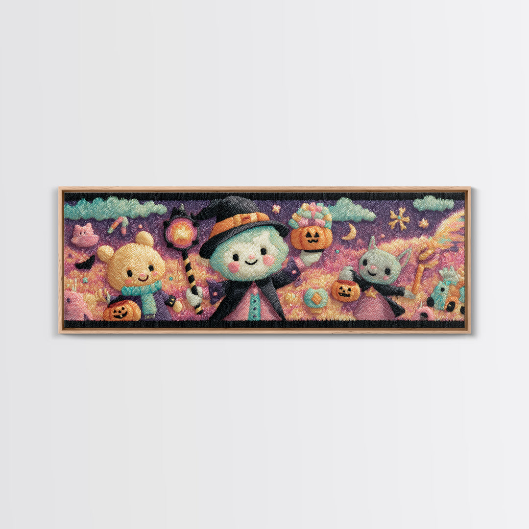 The Halloween Pet Parade, Vaporwave Halloween Decor, Extra Wide Wall Art, Framed Canvas Print, Retro Halloween Decor, Neon Wall Art