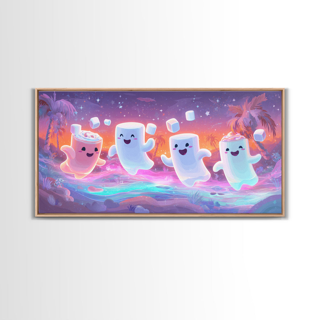 The Midnight Cocoa Party, Vaporwave Halloween Decor, Wide Panoramic Art, Framed Canvas Print, Retro Halloween Decor, Neon Wall Art