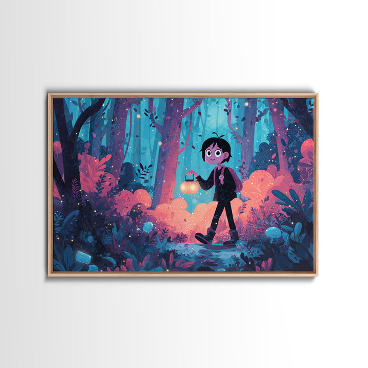 The Firefly Lantern Forest, Cute Spooky Neon Art, Landscape Wall Art, Canvas Print, Retro Halloween Decor, Neon Wall Art