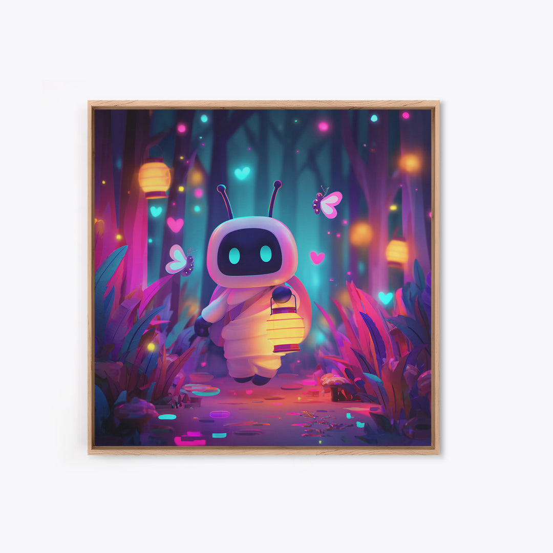 The Firefly Lantern Forest, Retro Neon Halloween Art, Square Wall Art, Framed Canvas Print, Retro Halloween Decor, Neon Wall Art