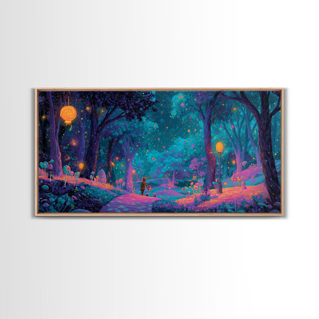 The Firefly Lantern Forest, Vaporwave Halloween Decor, Wide Panoramic Art, Framed Canvas Print, Retro Halloween Decor, Neon Wall Art