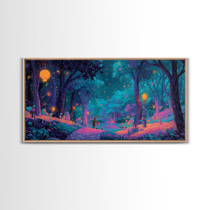 The Firefly Lantern Forest, Vaporwave Halloween Decor, Wide Panoramic Art, Framed Canvas Print, Retro Halloween Decor, Neon Wall Art