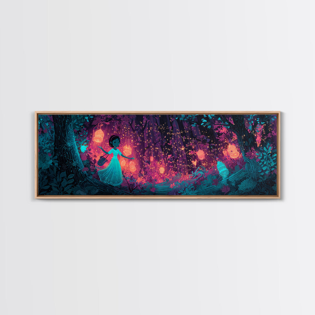 The Firefly Lantern Forest, Vaporwave Halloween Decor, Extra Wide Wall Art, Framed Canvas Print, Retro Halloween Decor, Neon Wall Art