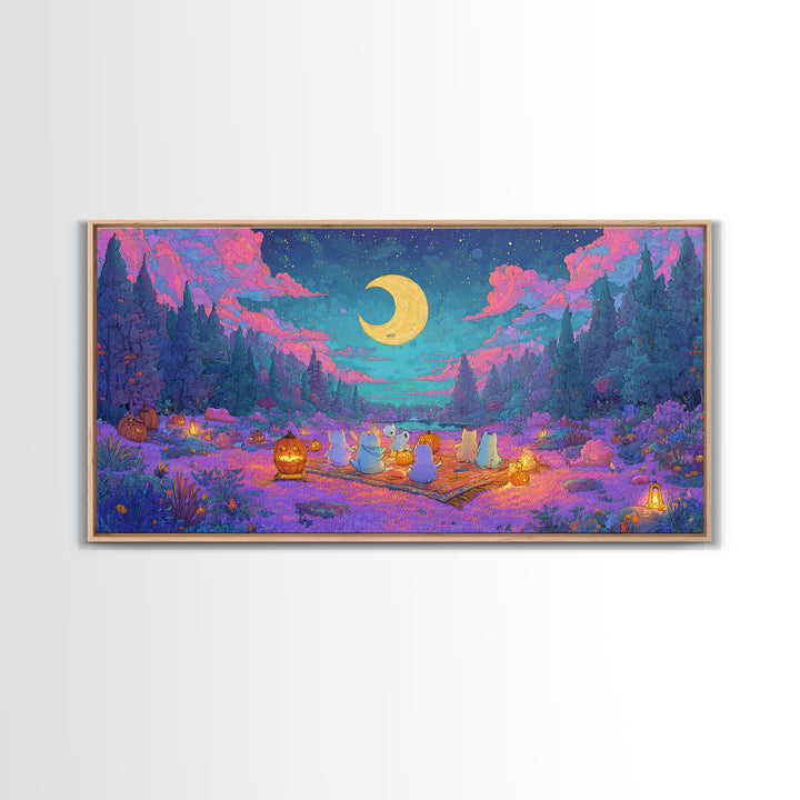 The Smiling Moon Meadow, Vaporwave Halloween Decor, Wide Panoramic Art, Canvas Print, Retro Halloween Decor, Neon Wall Art