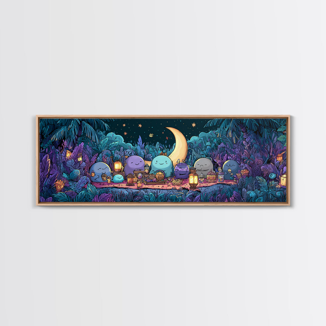 The Smiling Moon Meadow, Synthwave Halloween Art, Extra Wide Wall Art, Framed Canvas Print, Retro Halloween Decor, Neon Wall Art