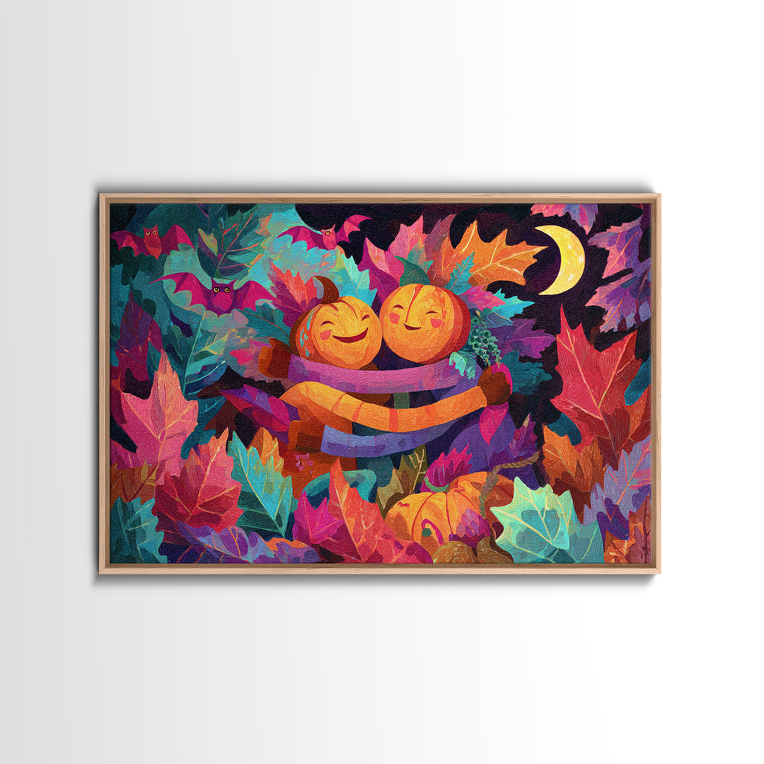 The Dancing Autumn Leaves, Synthwave Halloween Art, Landscape Wall Art, Canvas Print, Retro Halloween Decor, Neon Wall Art