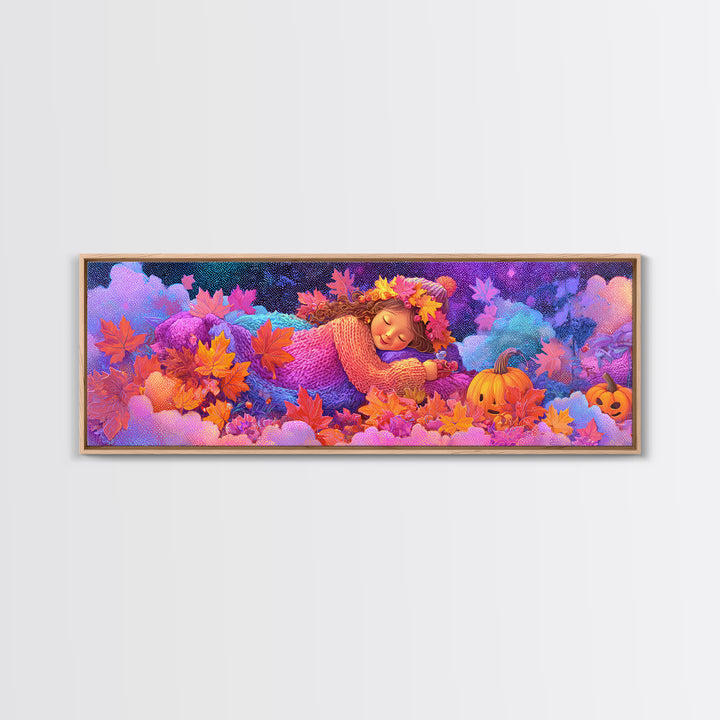 The Dancing Autumn Leaves, 80s Halloween Wall Art, Extra Wide Wall Art, Canvas Print, Retro Halloween Decor, Neon Wall Art