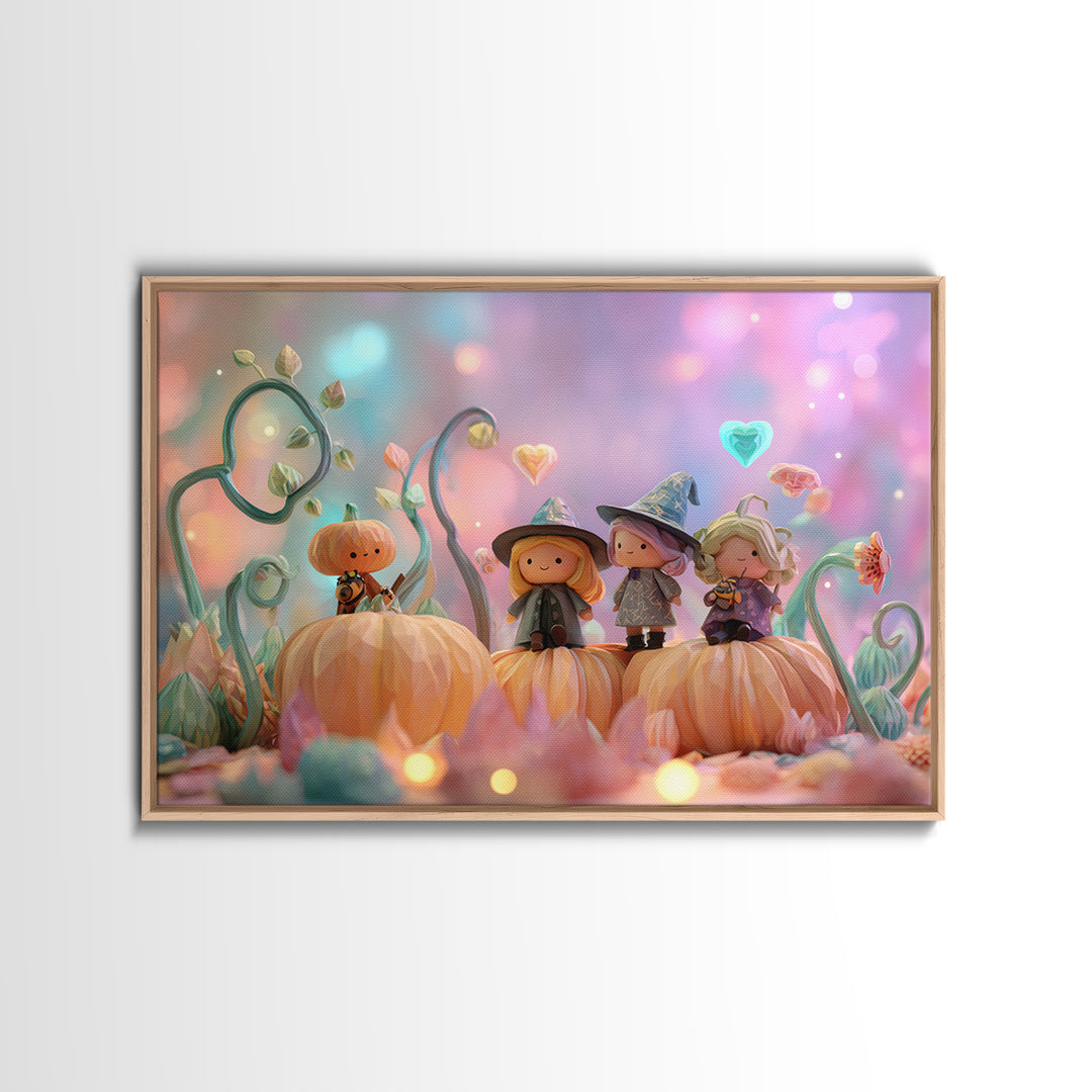 The Pumpkin Flower Garden, Cute Spooky Neon Art, Landscape Wall Art, Canvas Print, Retro Halloween Decor, Neon Wall Art, Horror Wall Art