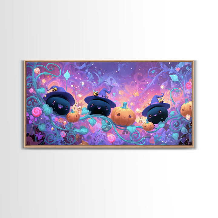 The Pumpkin Flower Garden, Cute Spooky Neon Art, Wide Panoramic Art, Canvas Print, Retro Halloween Decor, Neon Wall Art, Gothic Home Decor