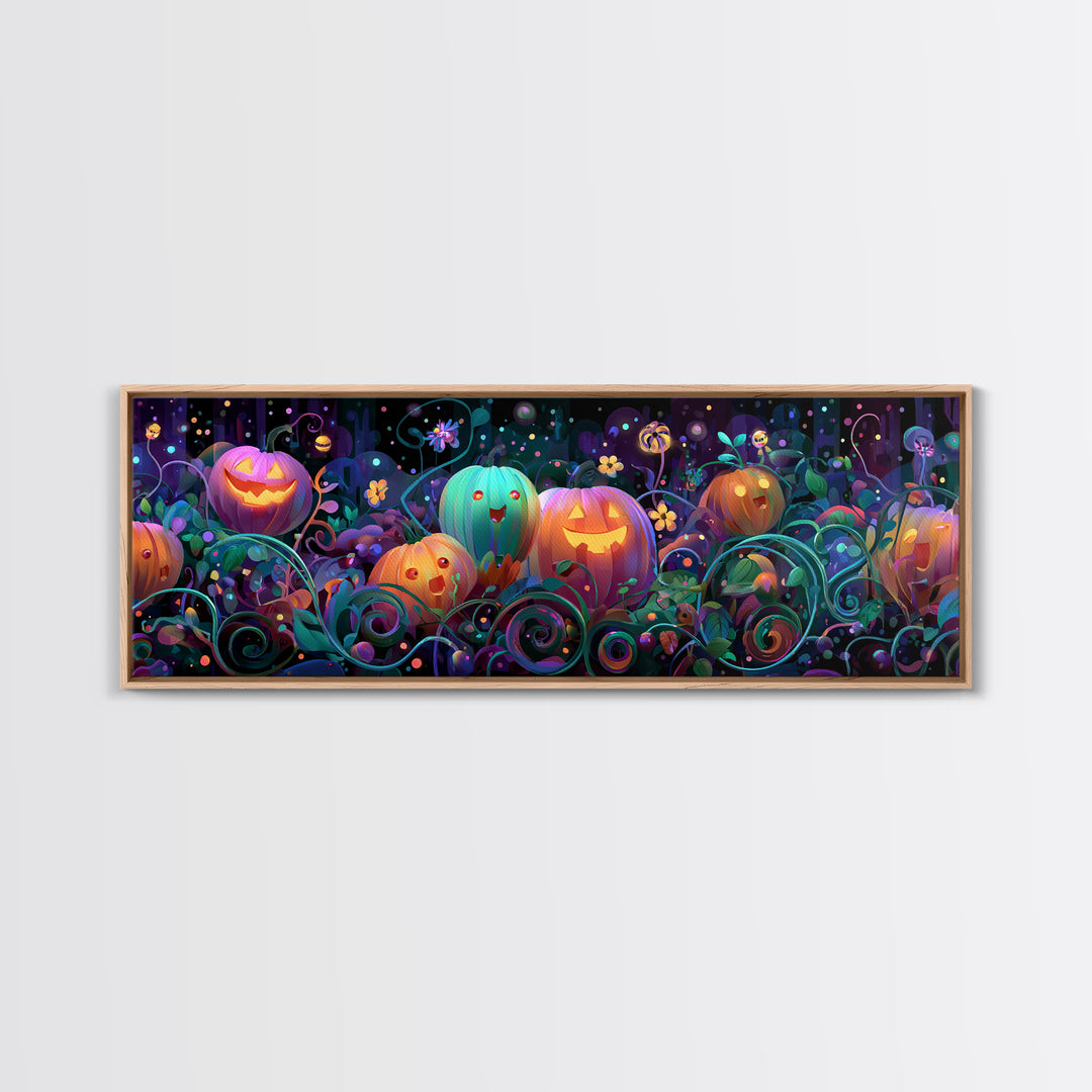 The Pumpkin Flower Garden, 80s Halloween Wall Art, Extra Wide Wall Art, Canvas Print, Retro Halloween Decor, Neon Wall Art
