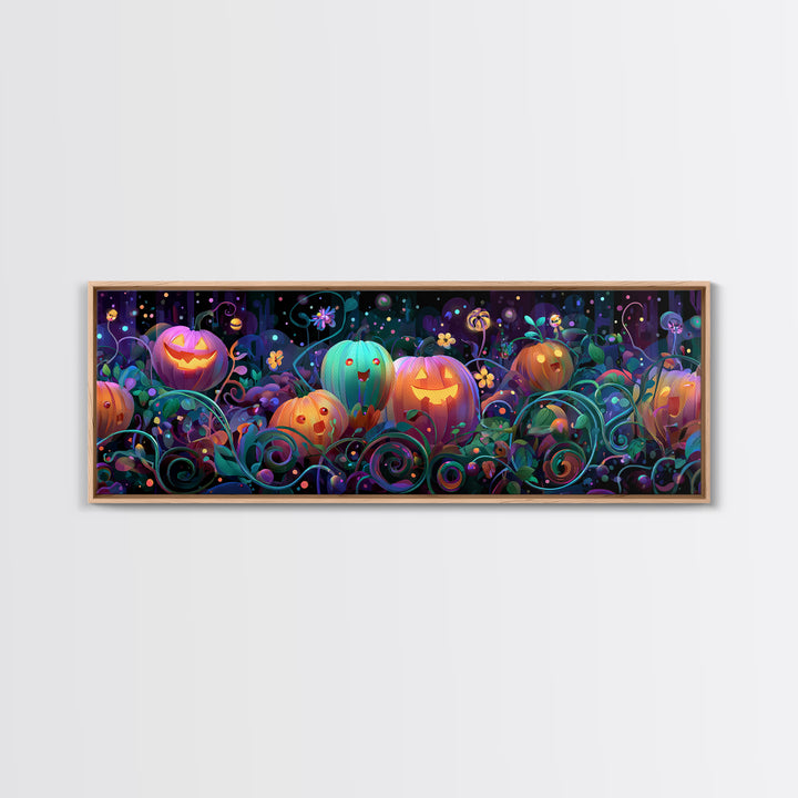 The Pumpkin Flower Garden, 80s Halloween Wall Art, Extra Wide Wall Art, Canvas Print, Retro Halloween Decor, Neon Wall Art