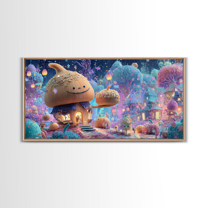 The Moonlit Acorn Village, Retro Neon Halloween Art, Wide Panoramic Art, Canvas Print, Retro Halloween Decor, Neon Wall Art