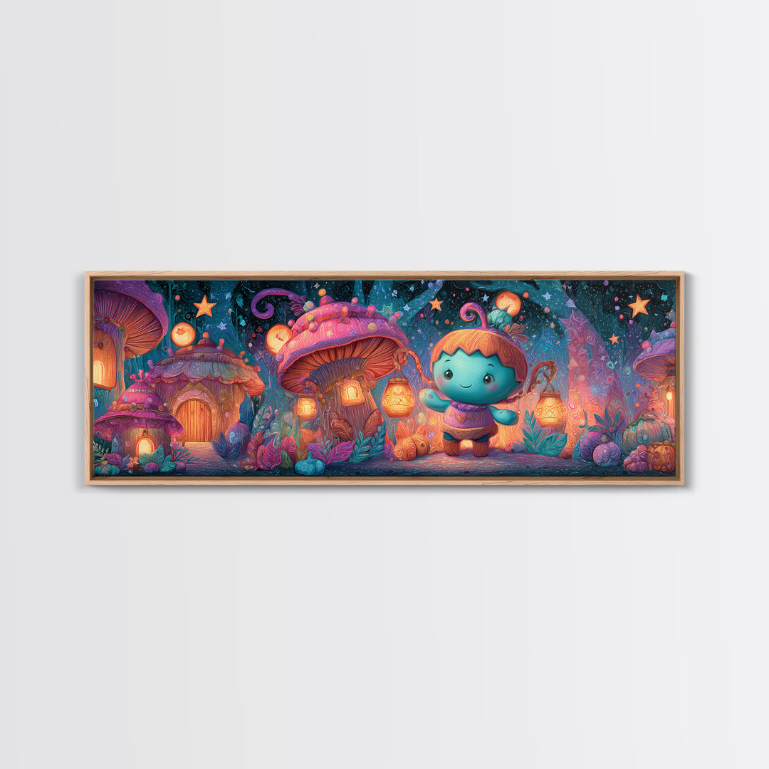 The Moonlit Acorn Village, 80s Halloween Wall Art, Extra Wide Wall Art, Canvas Print, Retro Halloween Decor, Neon Wall Art