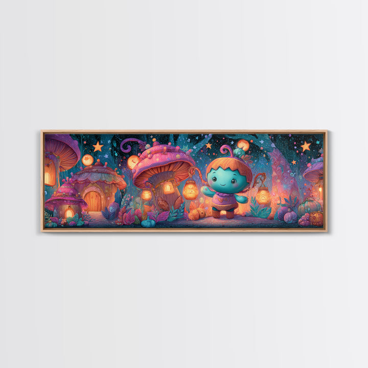 The Moonlit Acorn Village, 80s Halloween Wall Art, Extra Wide Wall Art, Canvas Print, Retro Halloween Decor, Neon Wall Art