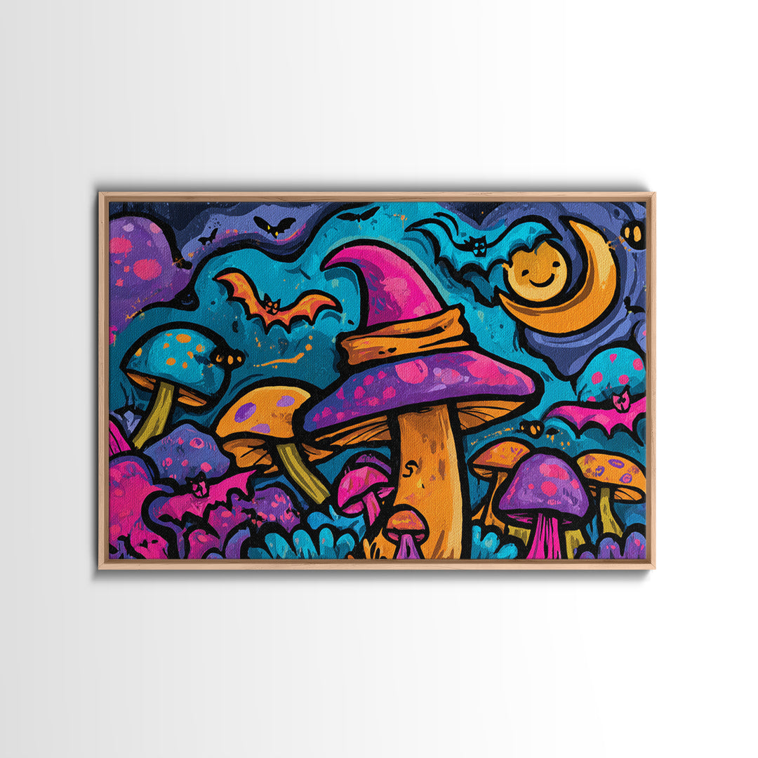 The Friendly Mushroom Forest, Vaporwave Halloween Decor, Landscape Wall Art, Framed Canvas Print, Retro Halloween Decor, Neon Wall Art