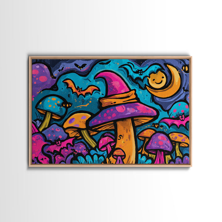 The Friendly Mushroom Forest, Vaporwave Halloween Decor, Landscape Wall Art, Framed Canvas Print, Retro Halloween Decor, Neon Wall Art