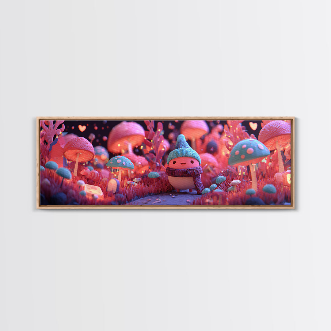 The Friendly Mushroom Forest, Retro Neon Halloween Art, Extra Wide Wall Art, Framed Canvas Print, Retro Halloween Decor, Neon Wall Art