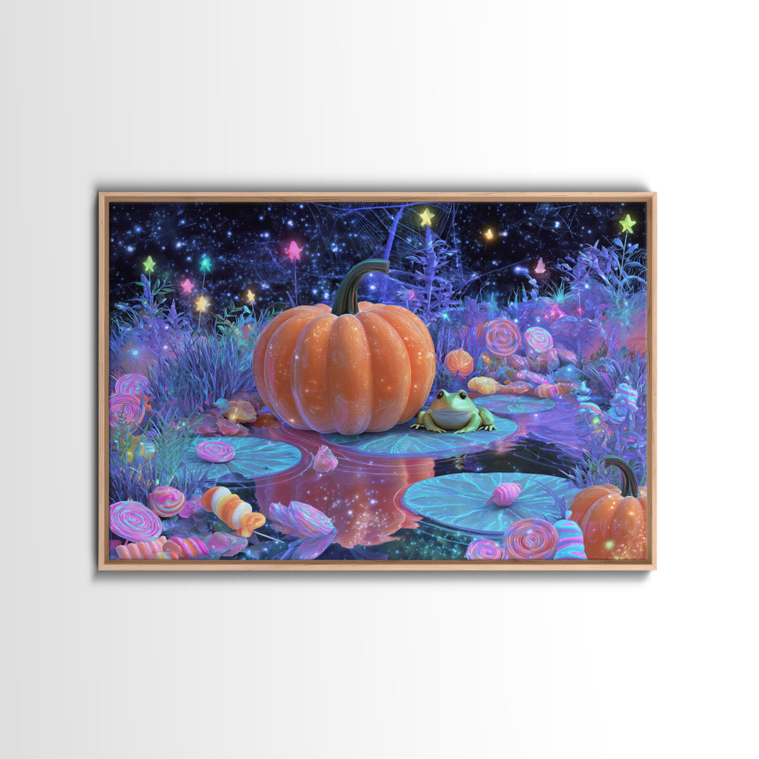 The Star-Filled Pumpkin Pond, Vaporwave Halloween Decor, Landscape Wall Art, Framed Canvas Print, Retro Halloween Decor, Neon Wall Art