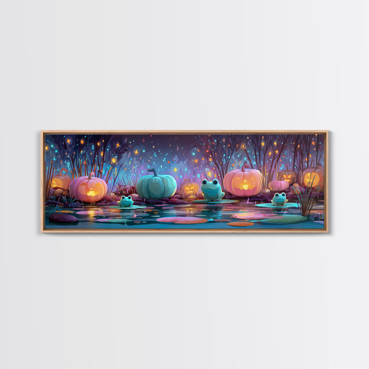 The Star-Filled Pumpkin Pond, Retro Neon Halloween Art, Extra Wide Wall Art, Canvas Print, Retro Halloween Decor, Neon Wall Art