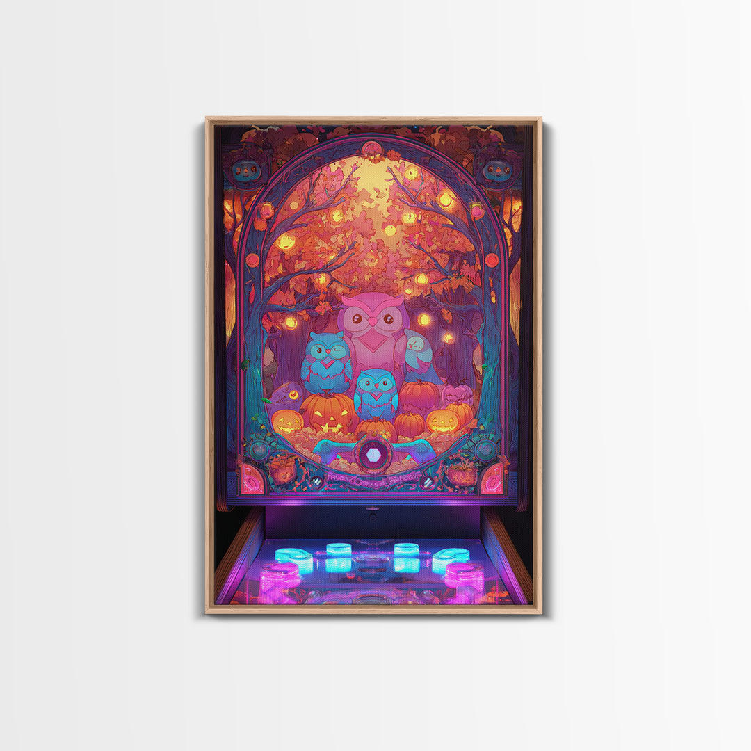 The Sleepy Owl Orchard, Cute Spooky Neon Art, Vertical Wall Art, Framed Canvas Print, Retro Halloween Decor, Neon Wall Art