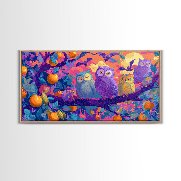 The Sleepy Owl Orchard, Retro Neon Halloween Art, Wide Panoramic Art, Framed Canvas Print, Retro Halloween Decor, Neon Wall Art