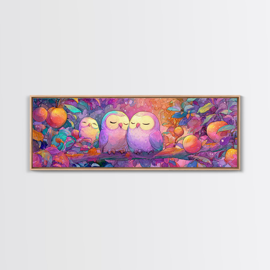 The Sleepy Owl Orchard, Cute Spooky Neon Art, Extra Wide Wall Art, Framed Canvas Print, Retro Halloween Decor, Neon Wall Art