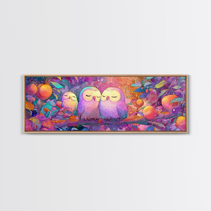 The Sleepy Owl Orchard, Cute Spooky Neon Art, Extra Wide Wall Art, Framed Canvas Print, Retro Halloween Decor, Neon Wall Art