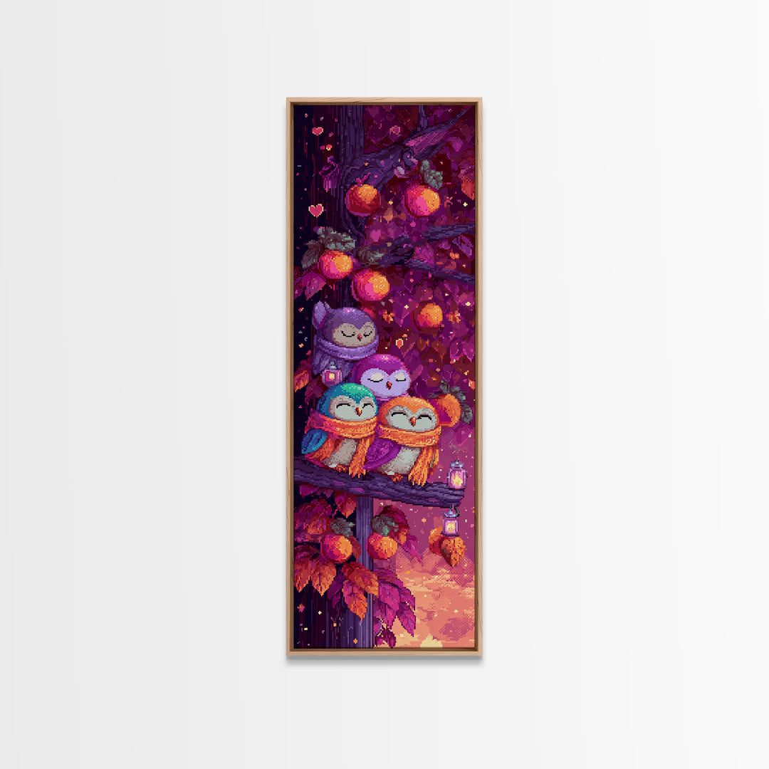 The Sleepy Owl Orchard, Retro Neon Halloween Art, Tall Narrow Wall Art, Framed Canvas Print, Retro Halloween Decor, Neon Wall Art