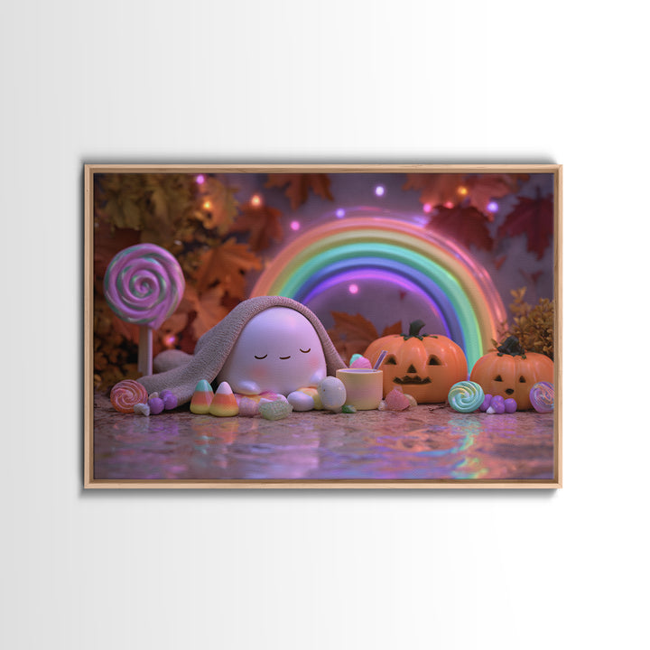 The Rainbow After The Halloween Rain, Synthwave Halloween Art, Landscape Wall Art, Framed Canvas Print, Retro Halloween Decor, Neon Wall Art