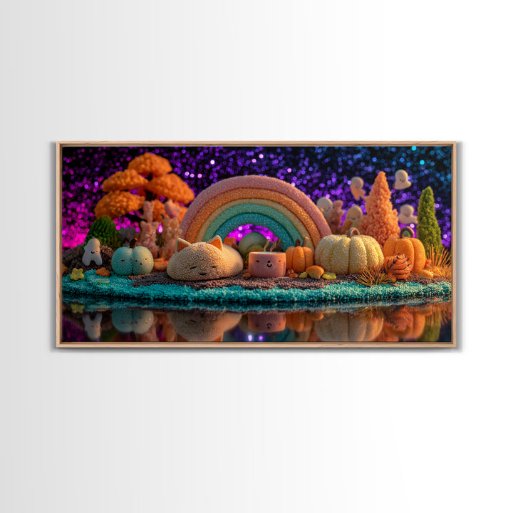 The Rainbow After The Halloween Rain, 80s Halloween Wall Art, Wide Panoramic Art, Framed Canvas Print, Retro Halloween Decor, Neon Wall Art