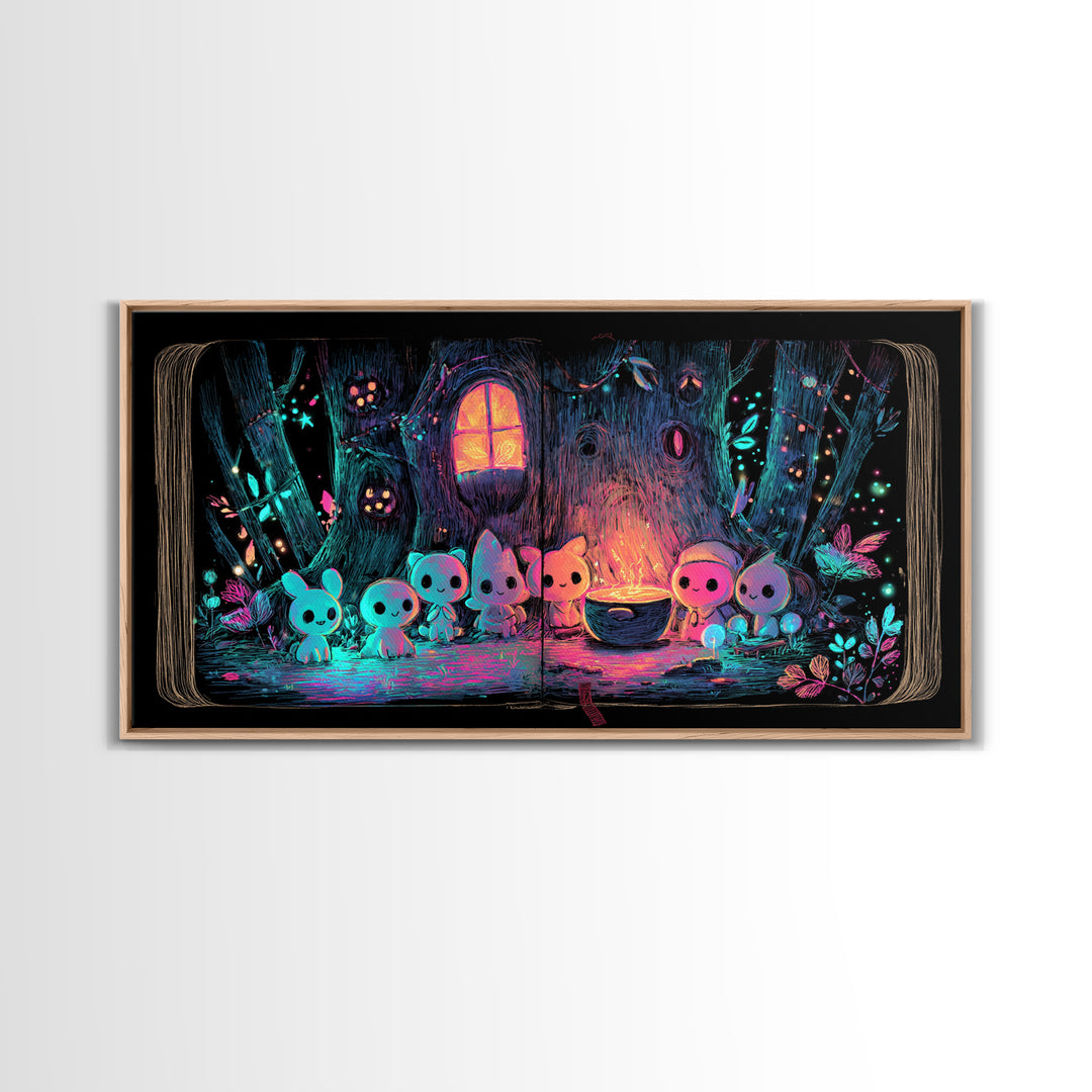 The Cozy Hollow Tree, Retro Neon Halloween Art, Wide Panoramic Art, Canvas Print, Retro Halloween Decor, Neon Wall Art, Statement Wall Art