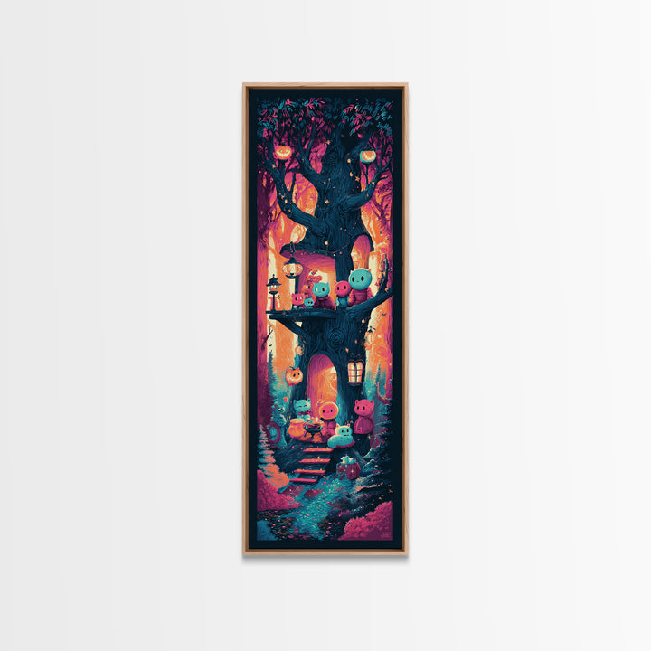 The Cozy Hollow Tree, Retro Neon Halloween Art, Tall Narrow Wall Art, Canvas Print, Retro Halloween Decor, Neon Wall Art, Statement Wall Art