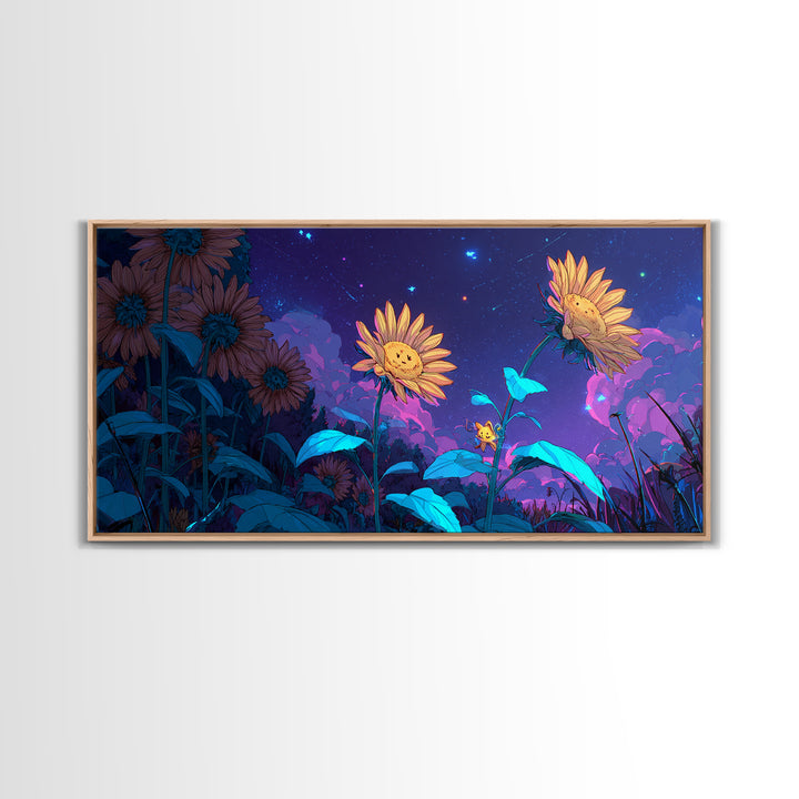 The Singing Sunflowers At Midnight, Synthwave Halloween Art, Wide Panoramic Art, Canvas Print, Retro Halloween Decor, Neon Wall Art