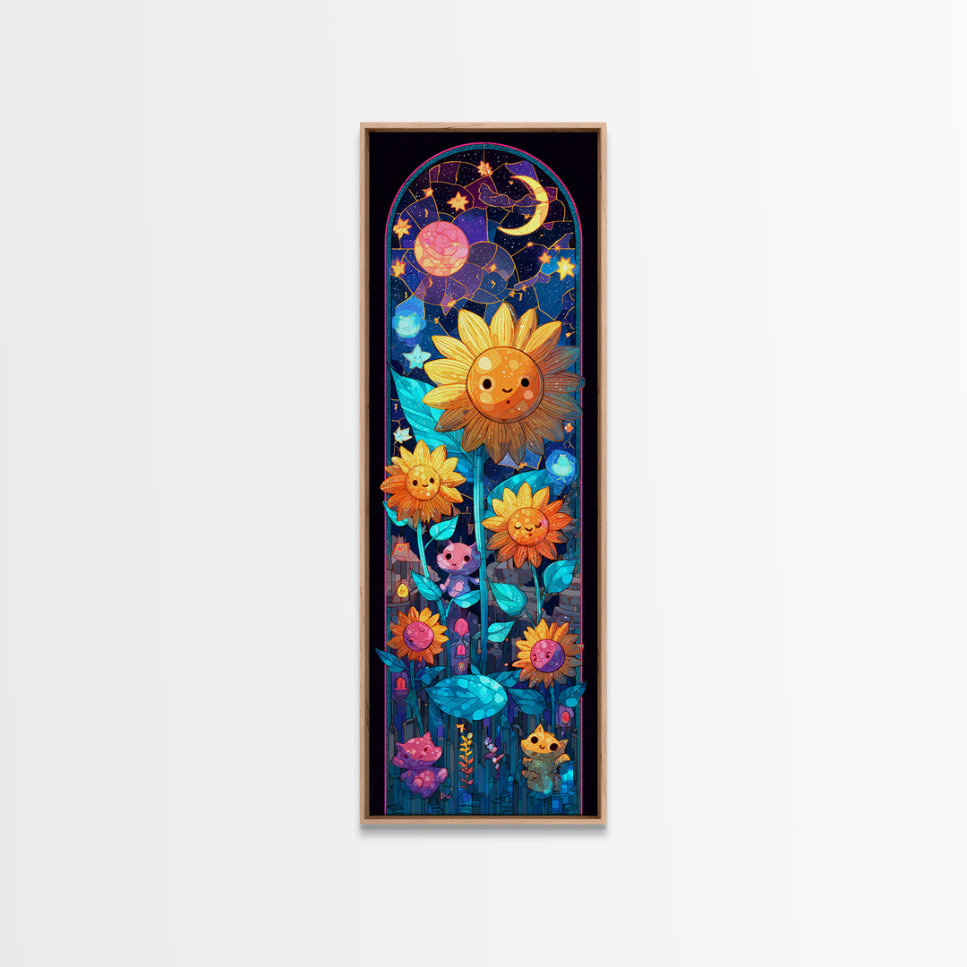The Singing Sunflowers At Midnight, Retro Neon Halloween Art, Tall Narrow Wall Art, Framed Canvas Print, Retro Halloween Decor