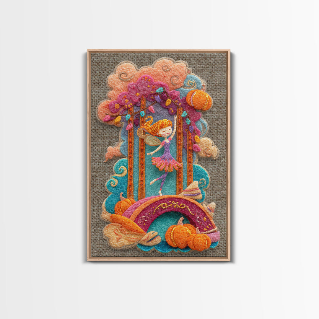 The Autumn Fairy Bridge, Cute Spooky Neon Art, Vertical Wall Art, Canvas Print, Retro Halloween Decor, Neon Wall Art, Collectible Wall Decor