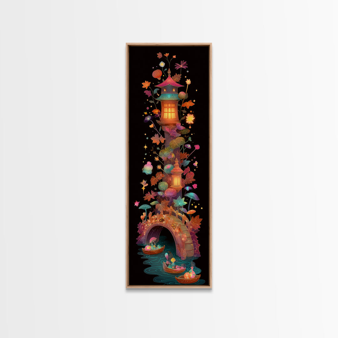 The Autumn Fairy Bridge, Cute Spooky Neon Art, Tall Narrow Wall Art, Canvas Print, Retro Halloween Decor, Neon Wall Art