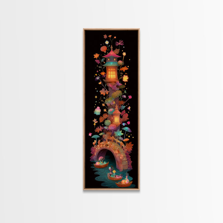 The Autumn Fairy Bridge, Cute Spooky Neon Art, Tall Narrow Wall Art, Canvas Print, Retro Halloween Decor, Neon Wall Art