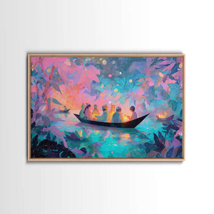 The Golden Leaf River, Cute Spooky Neon Art, Landscape Wall Art, Canvas Print, Retro Halloween Decor, Neon Wall Art, Dark Fantasy Art