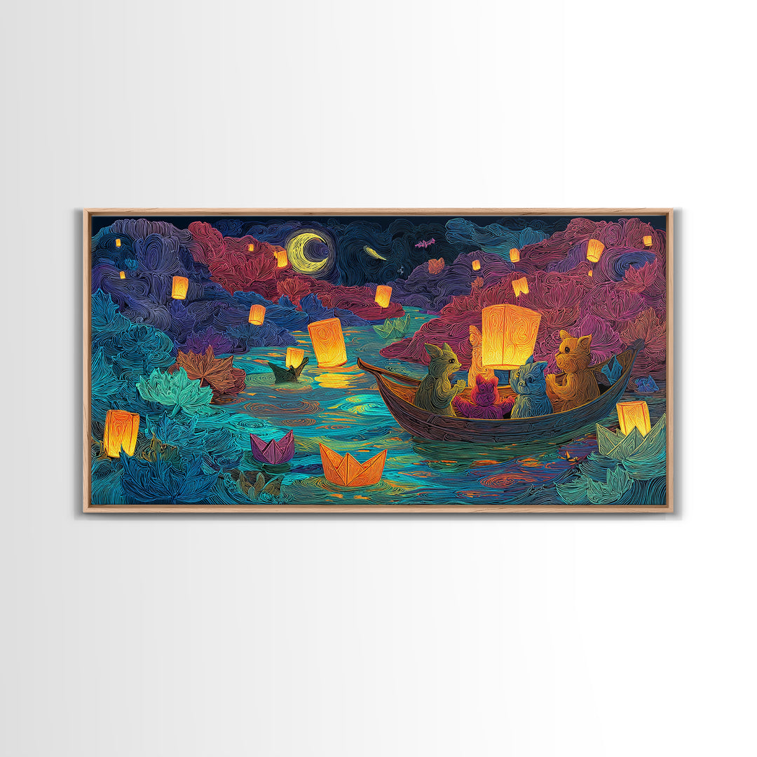 The Golden Leaf River, Cute Spooky Neon Art, Wide Panoramic Art, Framed Canvas Print, Retro Halloween Decor, Neon Wall Art