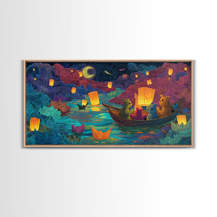 The Golden Leaf River, Cute Spooky Neon Art, Wide Panoramic Art, Framed Canvas Print, Retro Halloween Decor, Neon Wall Art
