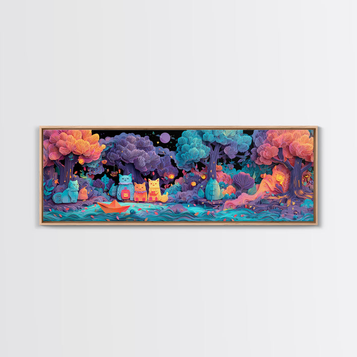The Golden Leaf River, 80s Halloween Wall Art, Extra Wide Wall Art, Canvas Print, Retro Halloween Decor, Neon Wall Art