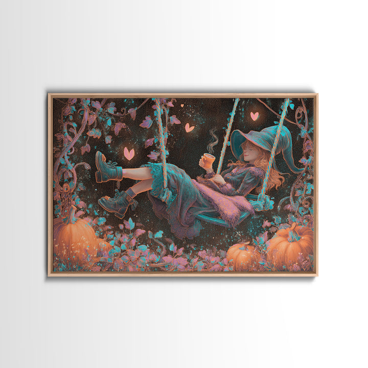 The Pumpkin Vine Swing, Vaporwave Halloween Decor, Landscape Wall Art, Canvas Print, Retro Halloween Decor, Neon Wall Art