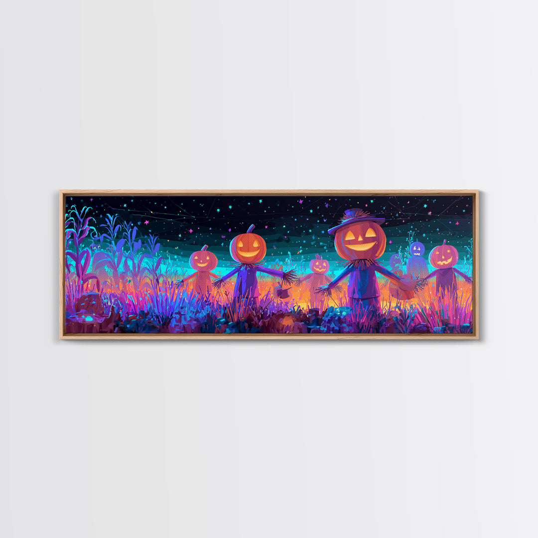 The Starry Cornfield Maze, Retro Neon Halloween Art, Extra Wide Wall Art, Canvas Print, Retro Halloween Decor, Neon Wall Art