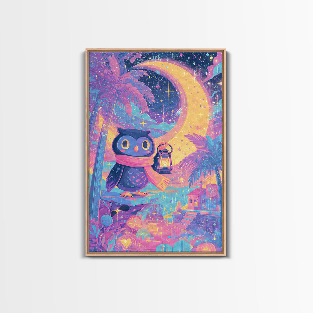 The Owl And The Crescent Moon, Cute Spooky Neon Art, Vertical Wall Art, Canvas Print, Retro Halloween Decor, Neon Wall Art