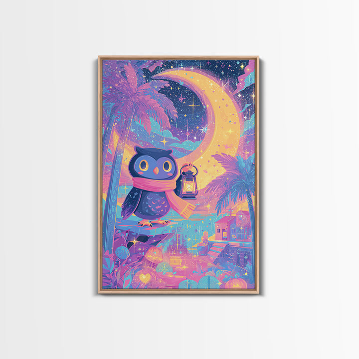 The Owl And The Crescent Moon, Cute Spooky Neon Art, Vertical Wall Art, Canvas Print, Retro Halloween Decor, Neon Wall Art